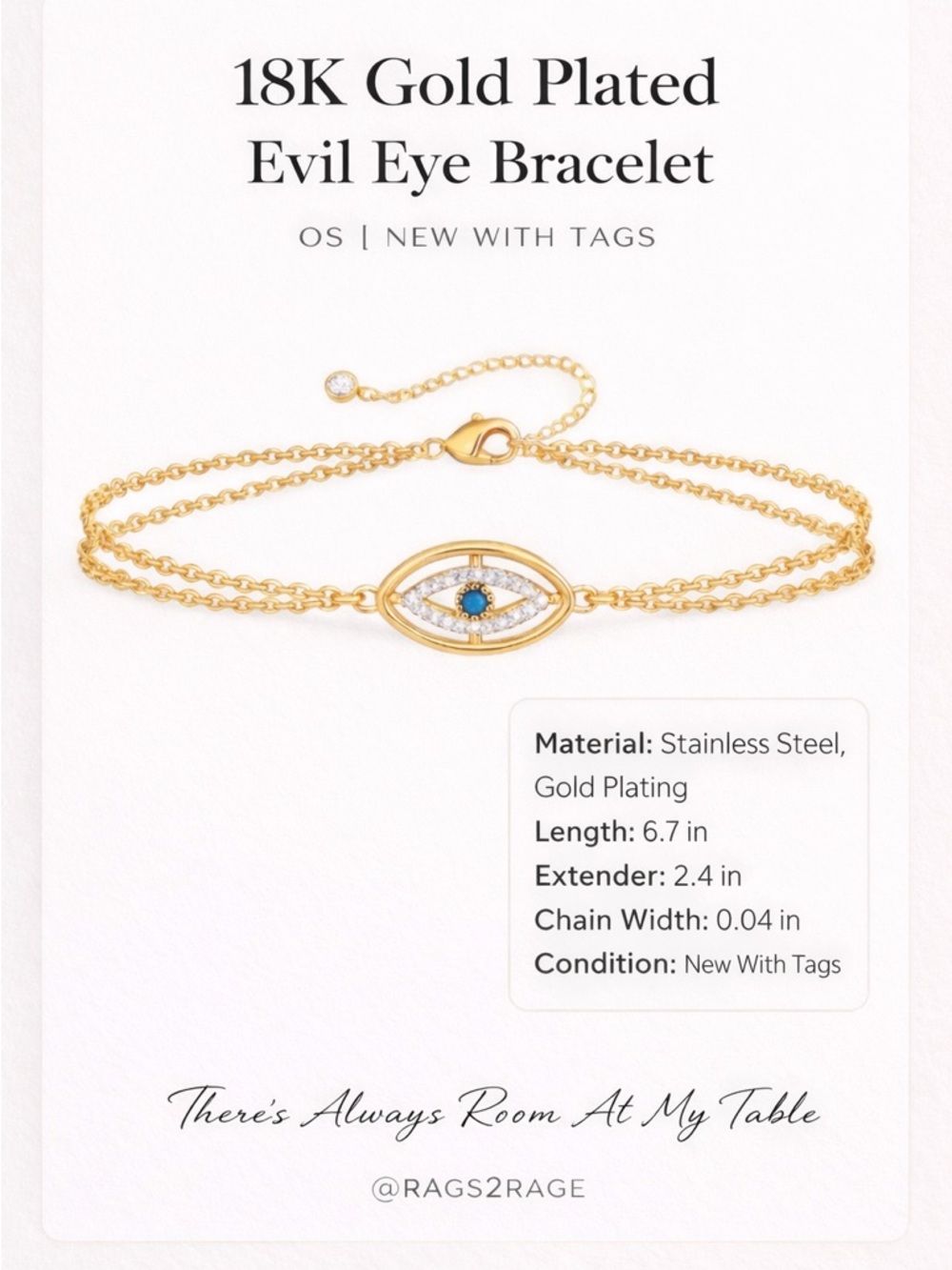 Evil Eye Bracelet 18K Gold Plated Stainless Steel CZ Adjustable - Picture 4 of 6